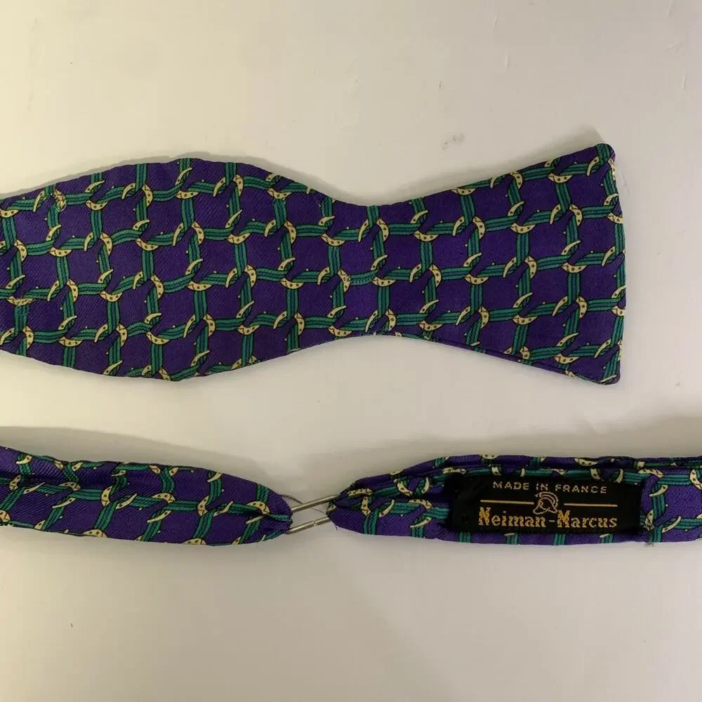 HERMES Purple Green Geometric Silk Bow Tie